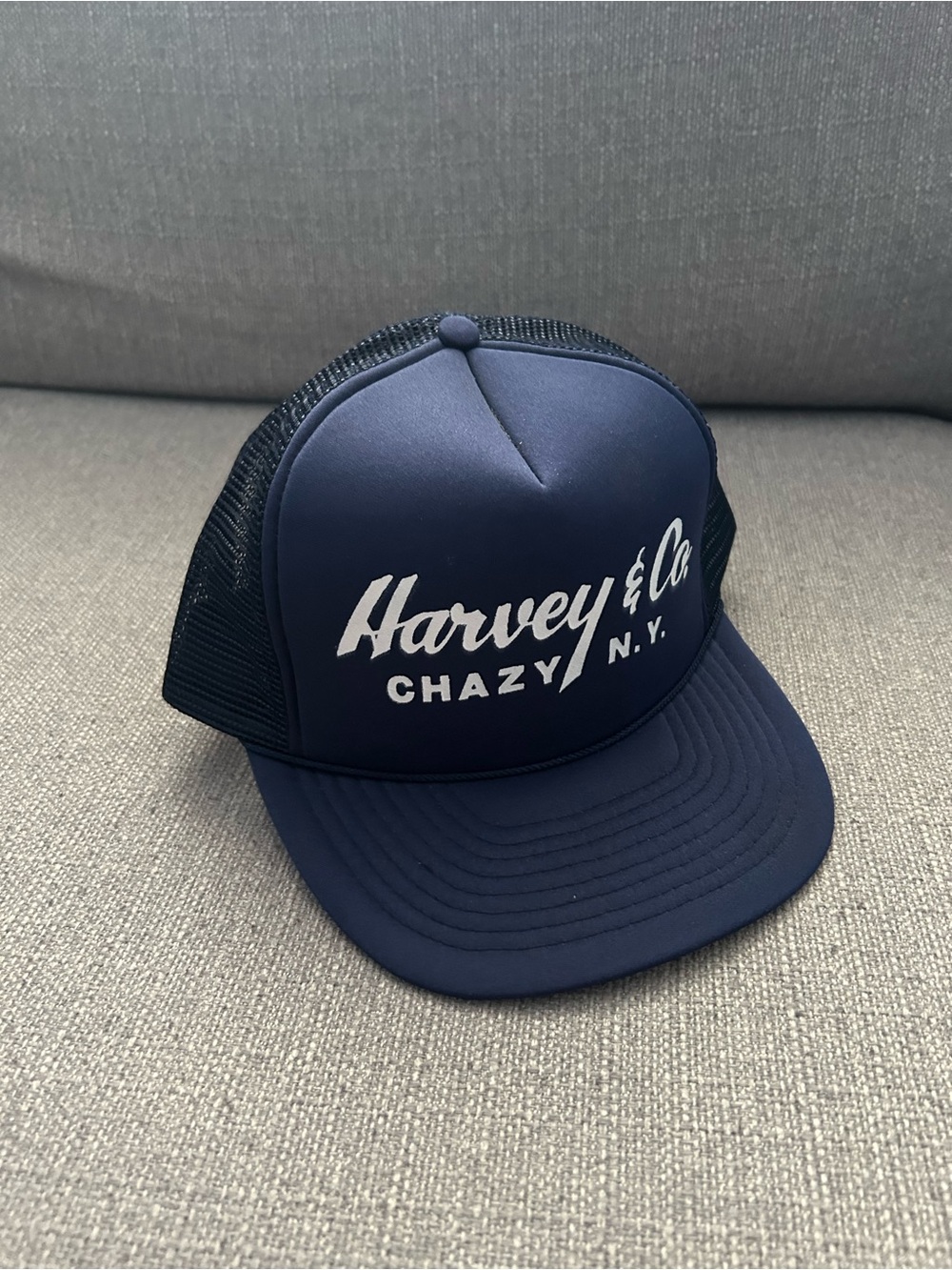 Vintage 90s Navy and White Harvey & Co Chazy N.Y. Trucker Hat - Men